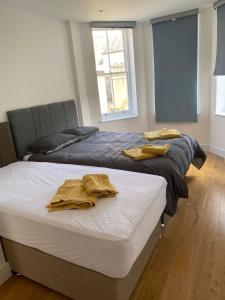 伦敦Luxury Flat Near Greenwich Park的客房内的两张床和两条毛巾