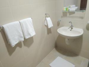 安曼Rayan Hotel Suites的白色的浴室设有水槽和毛巾。