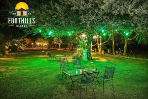 布什格尔Foothill Pushkar Resort的一群桌子和椅子在公园里过夜