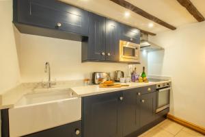 贝图瑟科伊德Maes Madog Cottages的厨房配有蓝色橱柜和水槽