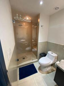 巴亚尔塔港Ocean front Grand Venetian corner condo的浴室配有卫生间、淋浴和盥洗盆。