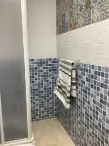 莫哈卡尔Residential Oasis 25的浴室设有蓝色瓷砖淋浴和毛巾