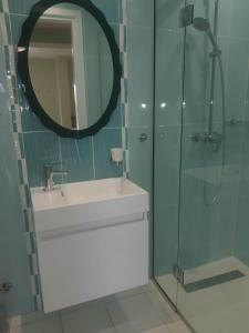 阿依纳帕LULA VILLA的浴室配有盥洗盆和带镜子的淋浴