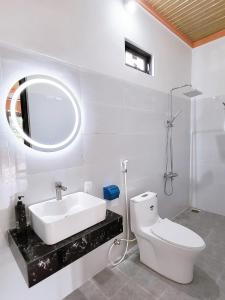 吉仙Thuy Tien Ecolodge的一间带水槽、卫生间和镜子的浴室