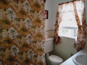 普兰菲尔德Mini Mansion Hotel affordable stays Plainfield NJ near public transportation的一间带卫生间的浴室和棕榈树墙纸