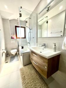 布德瓦Villa Serenity Budva的一间带水槽、淋浴和卫生间的浴室