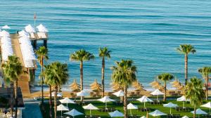 锡德索尔干航程酒店的享有棕榈树和遮阳伞海滩的景致。