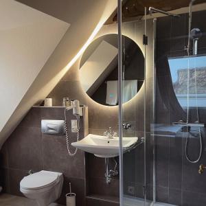 克桑滕贝比酒店的一间带水槽、淋浴和卫生间的浴室