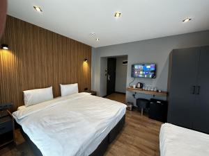 埃迪尔内Bademi Room的酒店客房配有两张床和一张书桌