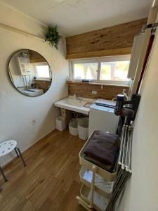 白老町民泊 47ハウス 家族でも楽しめる温泉付き一軒家的一间带水槽和镜子的小浴室