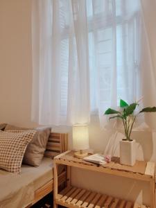 河内DAISY'S STAY的一间卧室,配有一张床和一扇桌子上种植植物的窗户