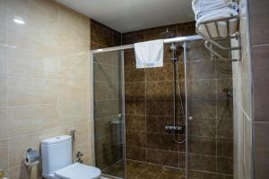 巴格达Bloom Hotel的带淋浴、卫生间和盥洗盆的浴室