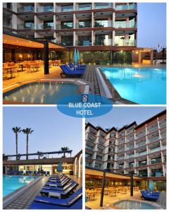 阿拉尼亚Uk Blue Coast Hotel的酒店和游泳池的照片拼合在一起