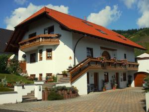 萨尔堡Ferienwohnung Wilhelmi的一座白色的大房子,有橙色的屋顶