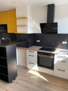 施韦青根Joanna Apartment - Schwetzingen 3的厨房配有白色橱柜和炉灶烤箱。