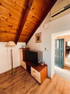 西利皮Country House Bakicevo的客厅设有木制天花板和平面电视。