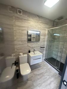 托基Green Corner Villa的浴室配有卫生间、盥洗盆和淋浴。