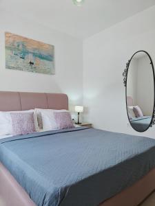 TriovasálosAlkyonis Apartment Milos的一张带蓝色被子和镜子的床