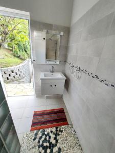 拉特里尼泰L' authentique的一间带水槽和镜子的浴室以及窗户。