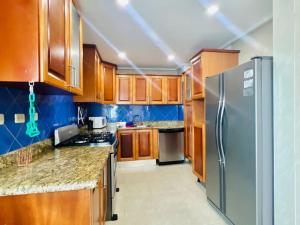 圣多明各Beach Front Penthouse in Exclusive Tower的厨房配有木制橱柜和不锈钢冰箱。