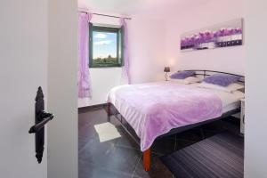 RudineVilla Niko Your vacation starts here的一间卧室配有一张带紫色床单的床和窗户。