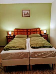 福尔诺迪佐尔多Villa Vittorio的卧室内的两张床,墙上有两盏灯