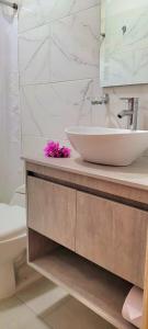 普罗维登西亚Colorful Garden House的浴室配有盥洗盆、镜子和浴缸