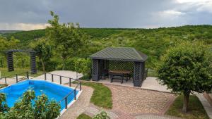 卡缅涅茨-波多利斯基Cottages Family Estate的一个带凉亭和游泳池的后院