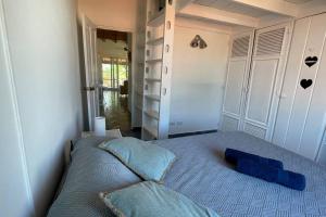 喀巴里特Central Cabarete Apartment的一间卧室配有一张带蓝色枕头的床。