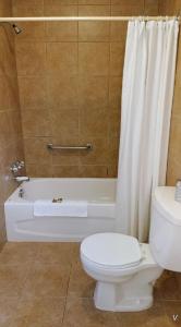 沃瓦White Fang Motel的浴室设有卫生间、浴缸和淋浴帘。