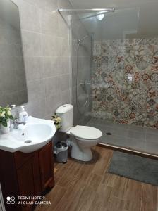 斯利文Уютна къща的浴室配有卫生间、淋浴和盥洗盆。