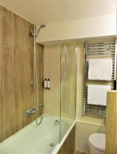 拉萨尔莱阿尔佩乐大艾格勒酒店及水疗中心的带浴缸、卫生间和淋浴的浴室。