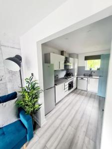 格拉斯哥Spacious 5bed house, FREE parking, NO PARTY !的一间带蓝色沙发的客厅和一间厨房