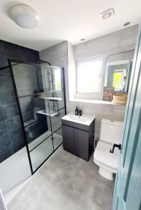 格拉斯哥Spacious 5bed house, FREE parking, NO PARTY !的带淋浴、卫生间和盥洗盆的浴室