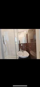 萨格勒布BISHNU HOSTEL的浴室配有白色水槽和淋浴。