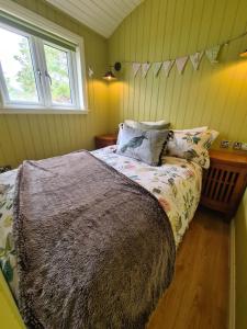 DundonnellThe bay ,luxury shepherds hut,的一间卧室配有一张带毯子的床和窗户