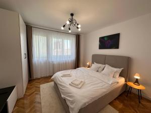 蒂米什瓦拉ESI Apartments #Central的一间卧室配有一张带白色床单的床和一扇窗户。