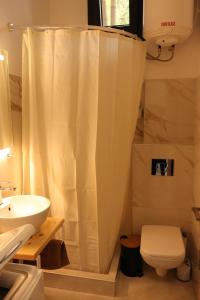 帕拉塔蒙Elia Studio的浴室配有白色的浴帘和卫生间