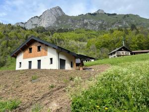 贝勒沃Luxurious new villa in the Alpes with sauna and jacuzzi的山丘上以山为背景的房子