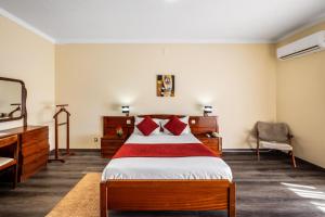 蒙特里尔Hotel Colmeia的一间卧室配有一张带红色枕头的床和一张书桌