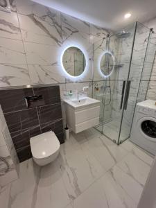希奥利艾Vanilės home的浴室配有卫生间、盥洗盆和淋浴。