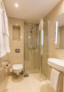 奥斯陆萨迦奥斯陆公寓的带淋浴、卫生间和盥洗盆的浴室