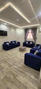 Ahad Rafidahوحدات جنان的客厅配有蓝色的沙发和平面电视。