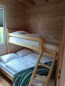 梅尔诺R&R Mielno Domki Letniskowe的小屋内设有一间带两张双层床的卧室