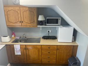 卡洛Riverside Lodge的一间带水槽和微波炉的小厨房