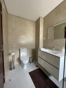 维亚纳堡B Apartamentos Castelo的一间带卫生间、水槽和镜子的浴室