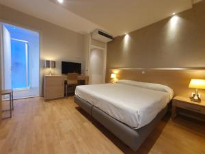 利尼亚诺萨比亚多罗Hotel Eurovil Garni的一间卧室配有一张床、一张书桌和一台电视