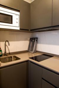 毕尔巴鄂Apartamentos Lidar的厨房配有水槽和微波炉