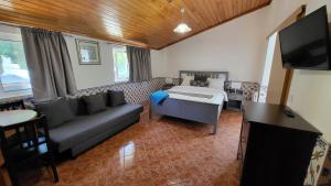 阿尔科巴萨Guesthouse of Alcobaça的客厅配有沙发和1张床