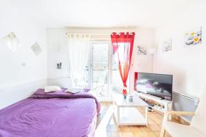 ÉtrembièresEMbnb - Studio Near Geneva的一间卧室配有一张紫色的床和一台电视机
